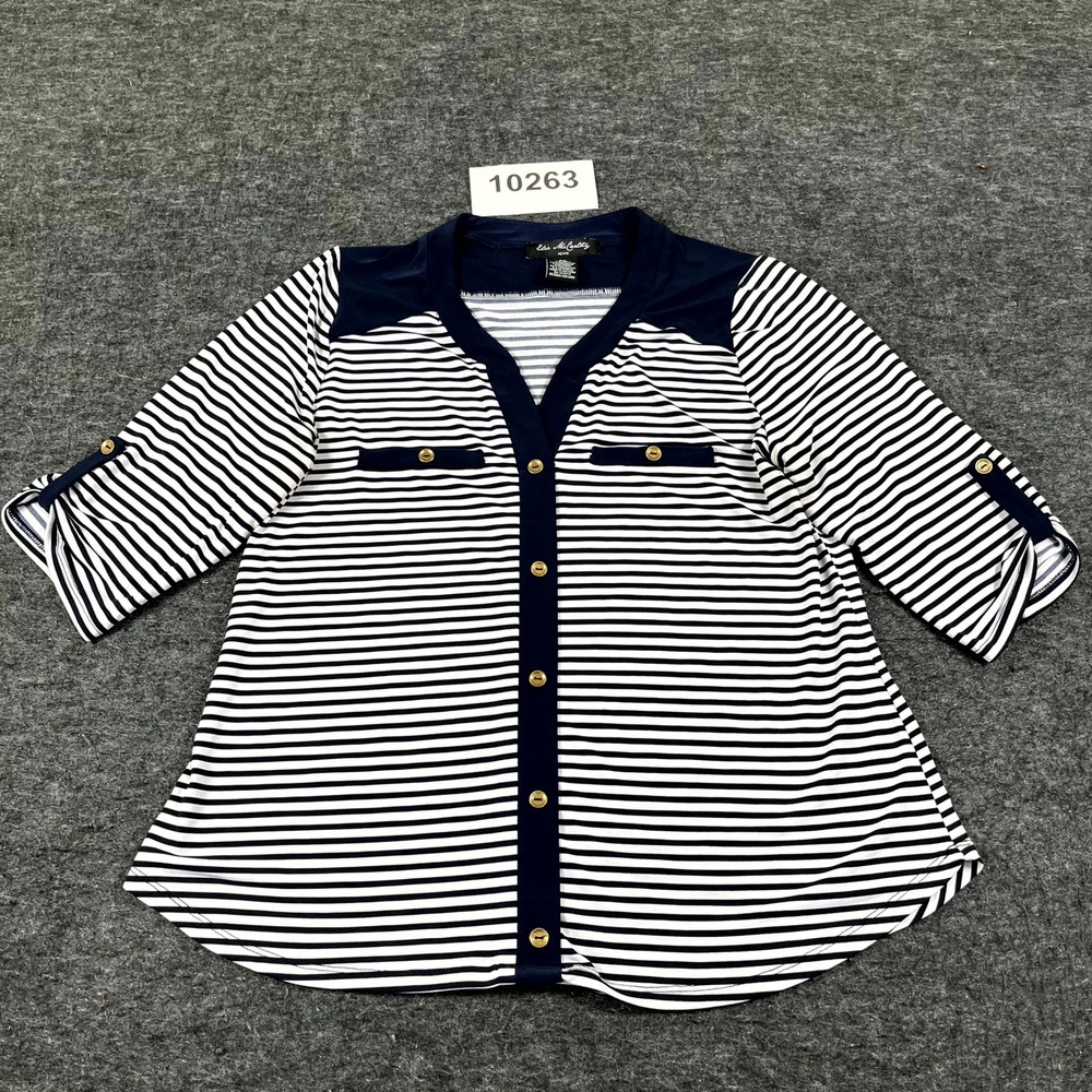 Elie McCarthy Blouse Top Womens P Medium White Black Striped V Neck Button Front